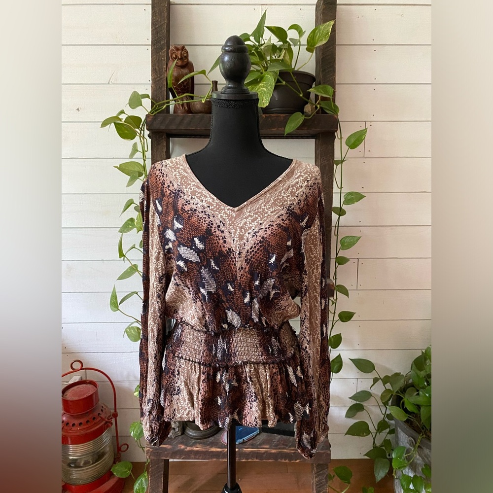 Angie: Brown, Black, Tan and White 100% Rayon Boho Snakeskin Blouse - Picture 15 of 17